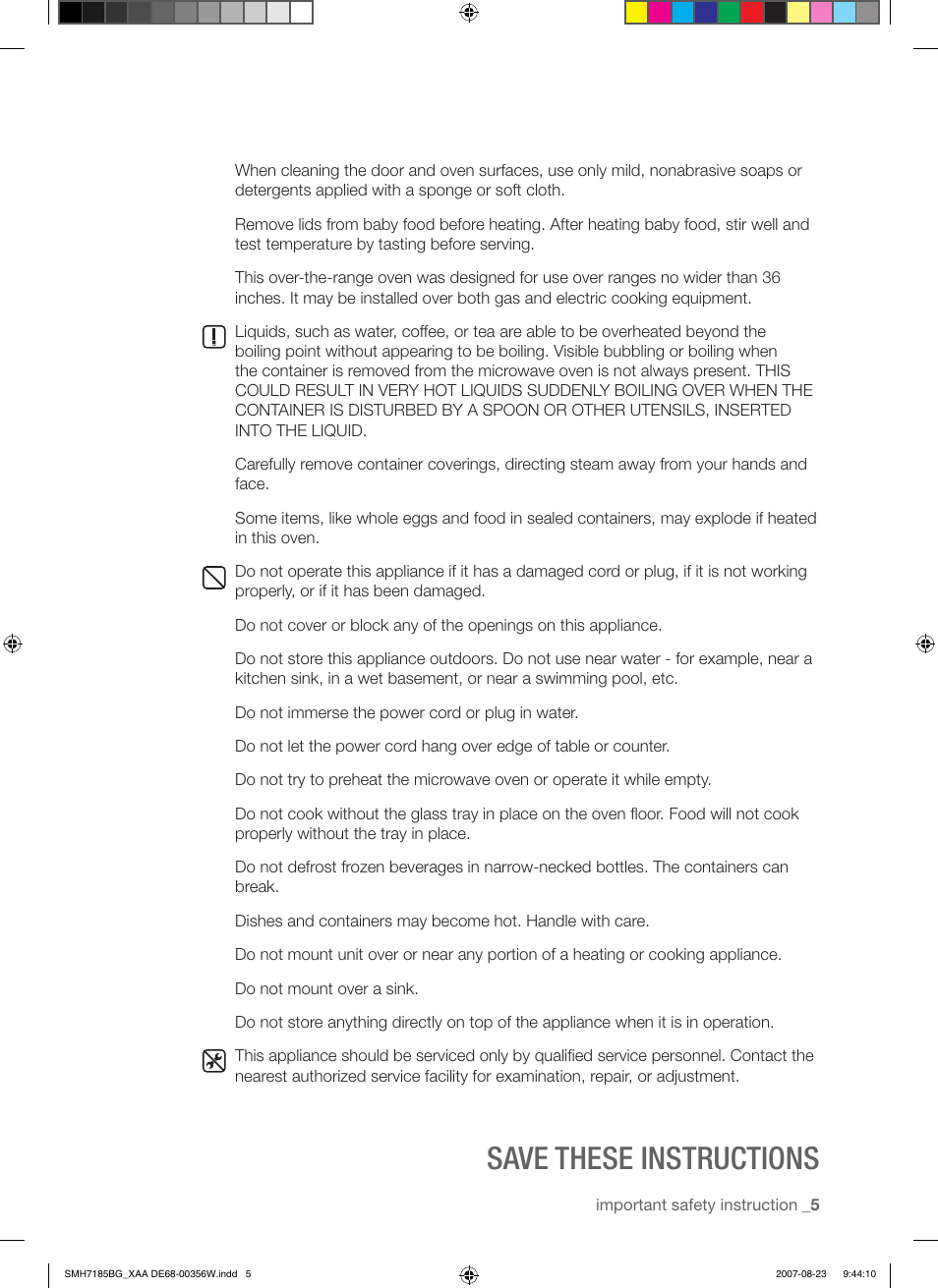 Save these instructions | Samsung SMH7185BG-XAA User Manual | Page 5 / 44