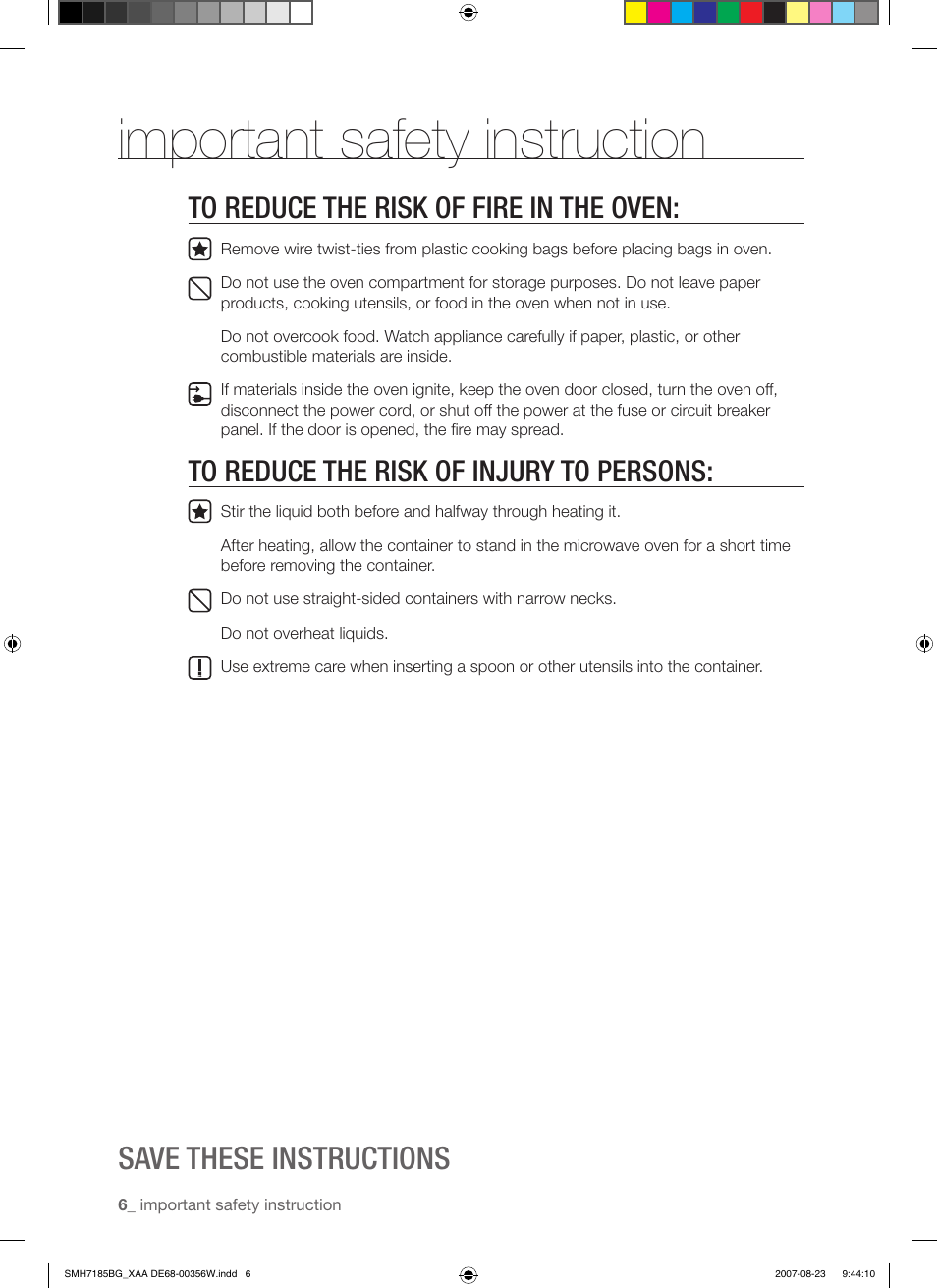 Important safety instruction, Save these instructions | Samsung SMH7185BG-XAA User Manual | Page 6 / 44