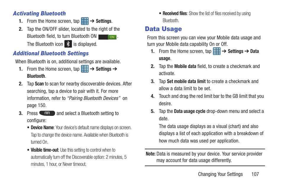 Data usage | Samsung SGH-I547ZKAATT User Manual | Page 113 / 230