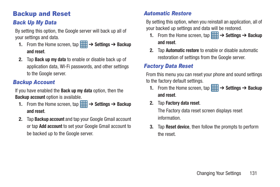 Backup and reset | Samsung SGH-I547ZKAATT User Manual | Page 137 / 230