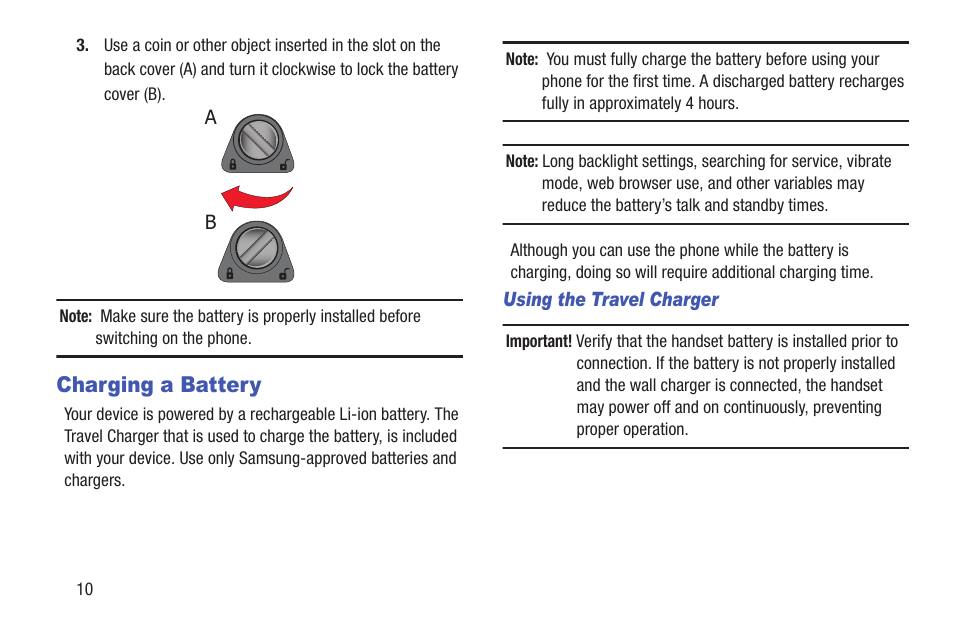 Charging a battery | Samsung SGH-I547ZKAATT User Manual | Page 16 / 230