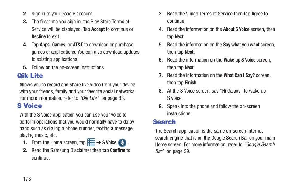 Qik lite, S voice, Search | Qik lite s voice search, Ch. for more | Samsung SGH-I547ZKAATT User Manual | Page 184 / 230