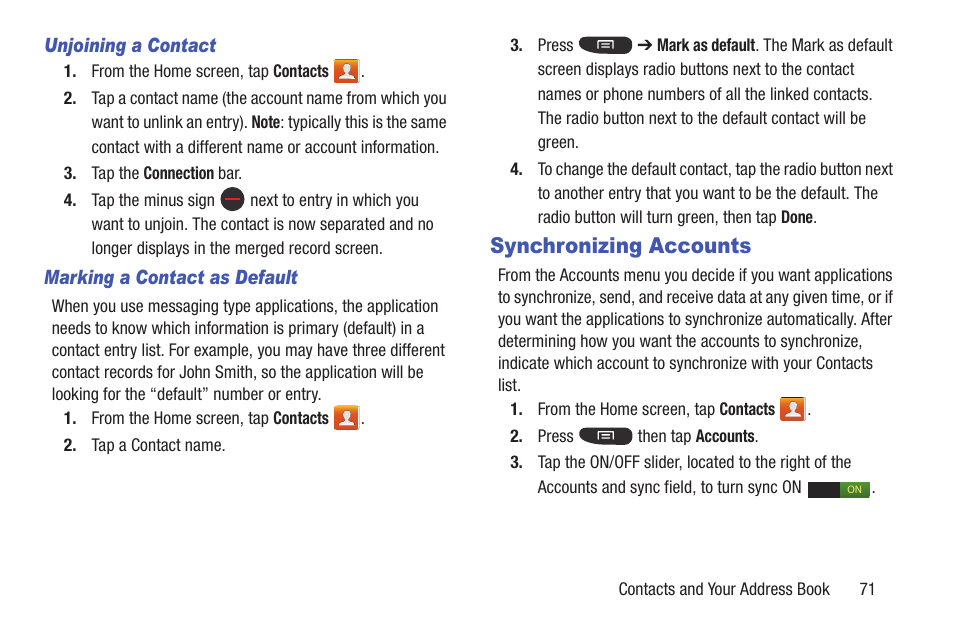 Synchronizing accounts | Samsung SGH-I547ZKAATT User Manual | Page 77 / 230