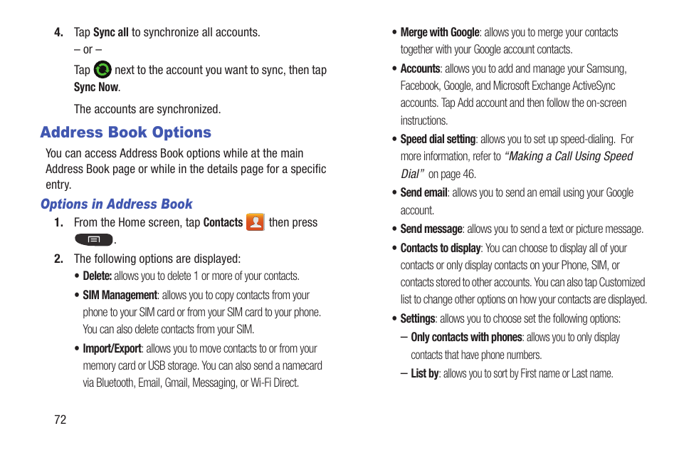 Address book options | Samsung SGH-I547ZKAATT User Manual | Page 78 / 230