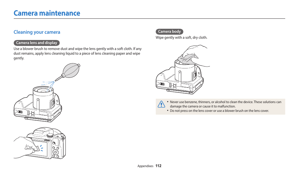 Camera maintenance, Cleaning your camera | Samsung EC-WB2100BPRUS User Manual | Page 113 / 140