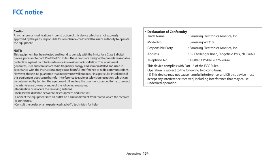 Fcc notice | Samsung EC-WB2100BPRUS User Manual | Page 135 / 140