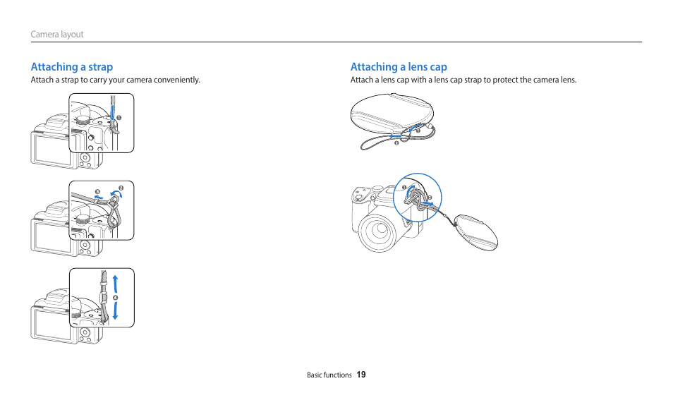 Attaching a strap, Attaching a lens cap, Attaching a strap attaching a lens cap | Samsung EC-WB2100BPRUS User Manual | Page 20 / 140