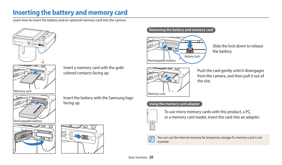 Inserting the battery and memory card | Samsung EC-WB2100BPRUS User Manual | Page 21 / 140