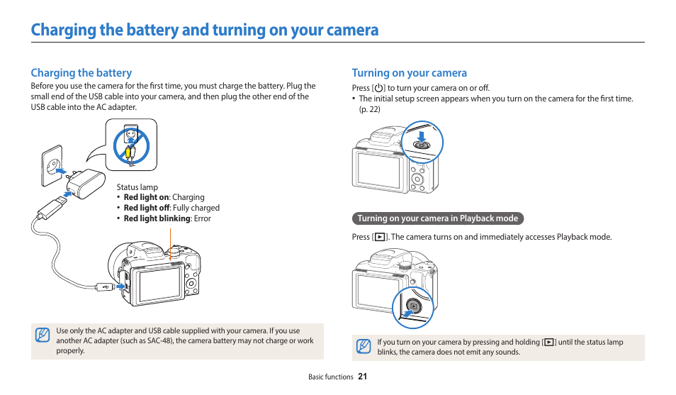 Charging the battery and turning on your camera, Charging the battery, Turning on your camera | Charging the battery turning on your camera | Samsung EC-WB2100BPRUS User Manual | Page 22 / 140