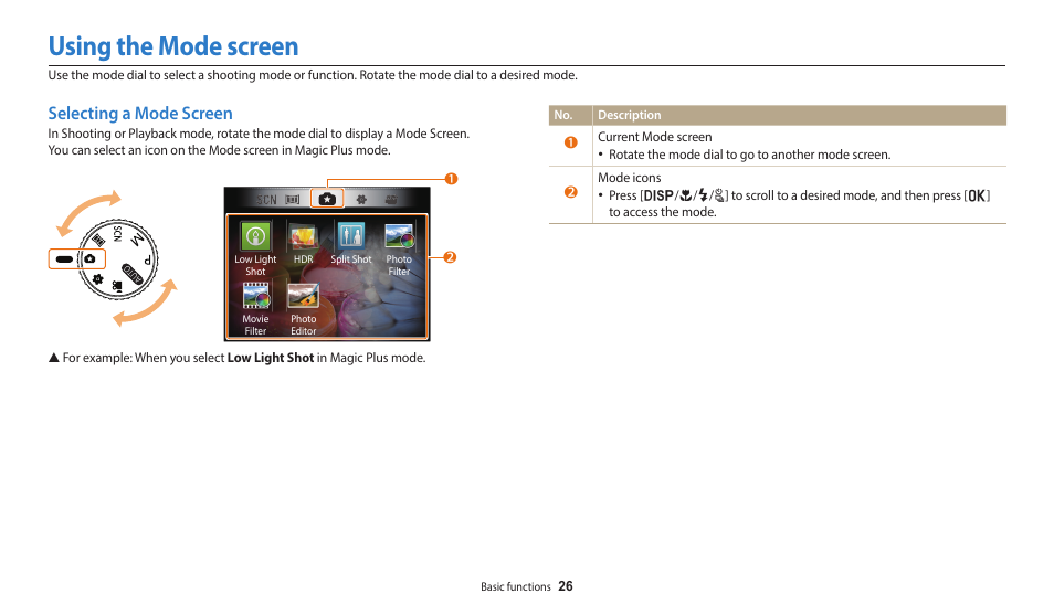 Using the mode screen, Selecting a mode screen | Samsung EC-WB2100BPRUS User Manual | Page 27 / 140