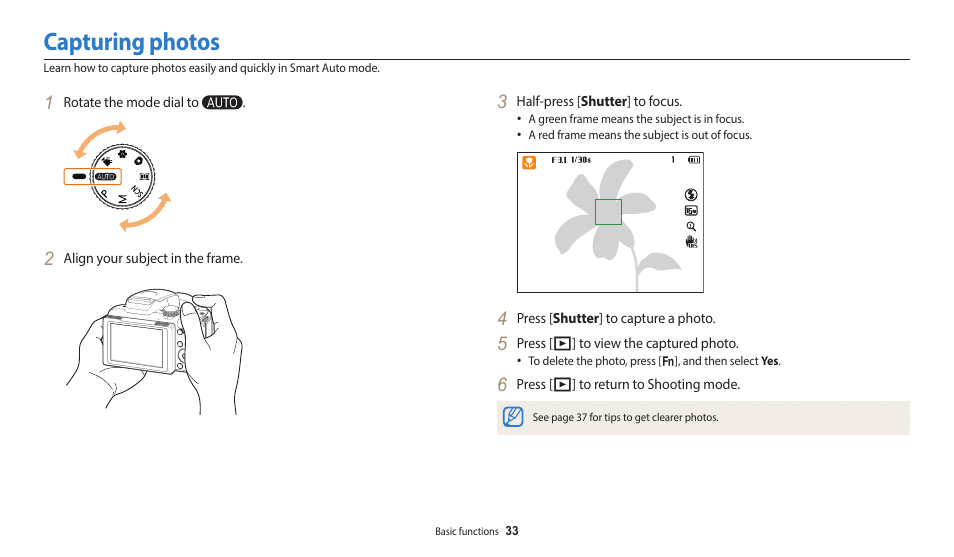 Capturing photos | Samsung EC-WB2100BPRUS User Manual | Page 34 / 140