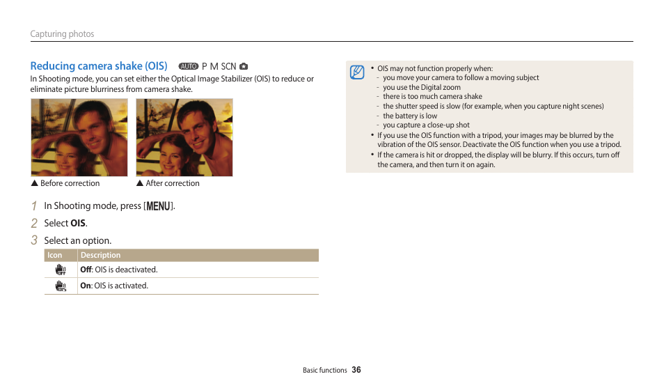 Reducing camera shake (ois) | Samsung EC-WB2100BPRUS User Manual | Page 37 / 140