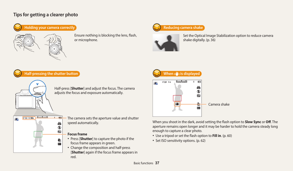 Tips for getting a clearer photo | Samsung EC-WB2100BPRUS User Manual | Page 38 / 140