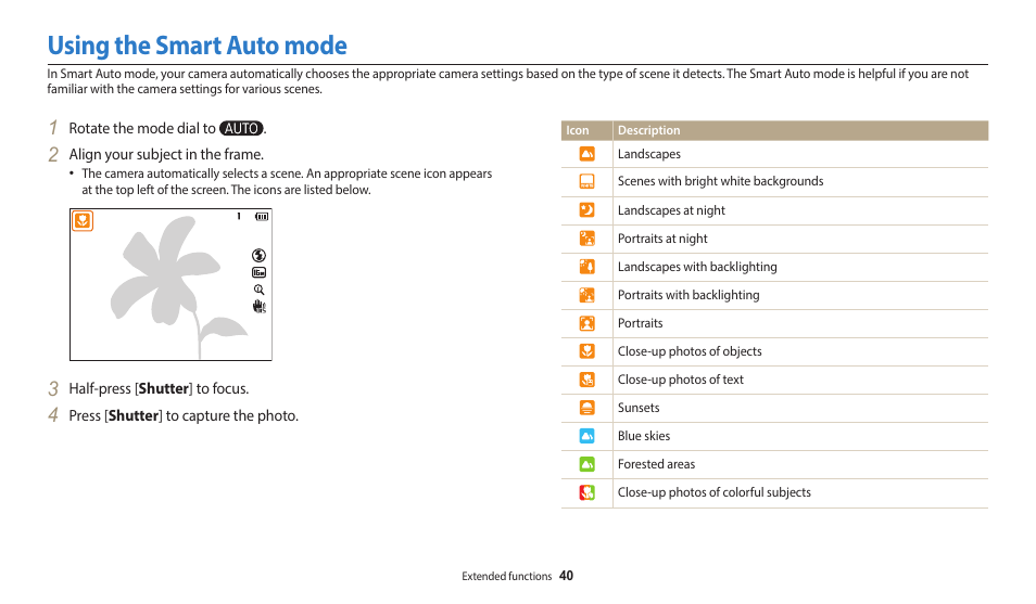Using the smart auto mode | Samsung EC-WB2100BPRUS User Manual | Page 41 / 140