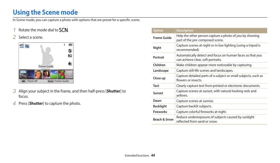 Using the scene mode | Samsung EC-WB2100BPRUS User Manual | Page 45 / 140