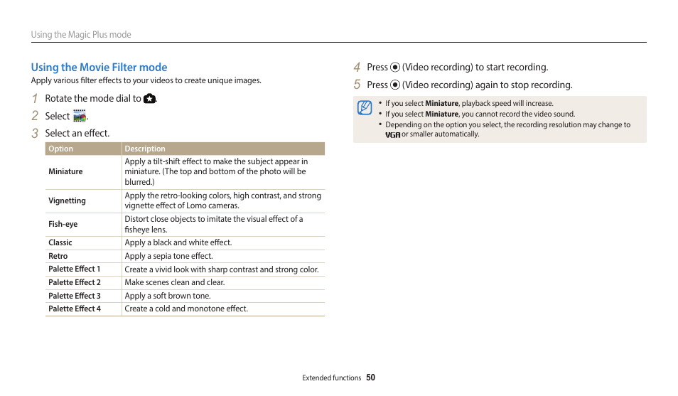 Using the movie filter mode | Samsung EC-WB2100BPRUS User Manual | Page 51 / 140