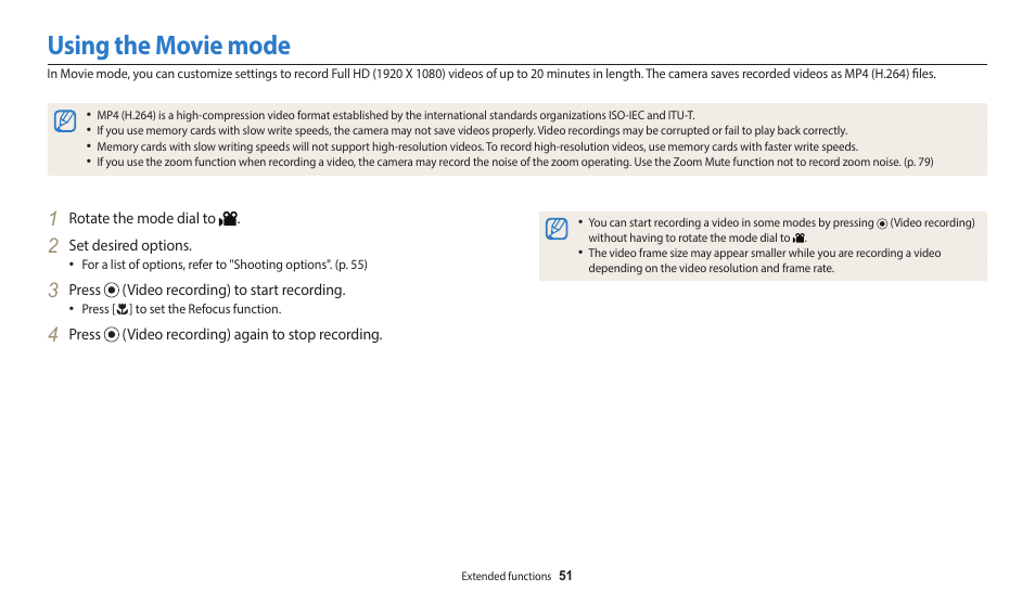 Using the movie mode | Samsung EC-WB2100BPRUS User Manual | Page 52 / 140