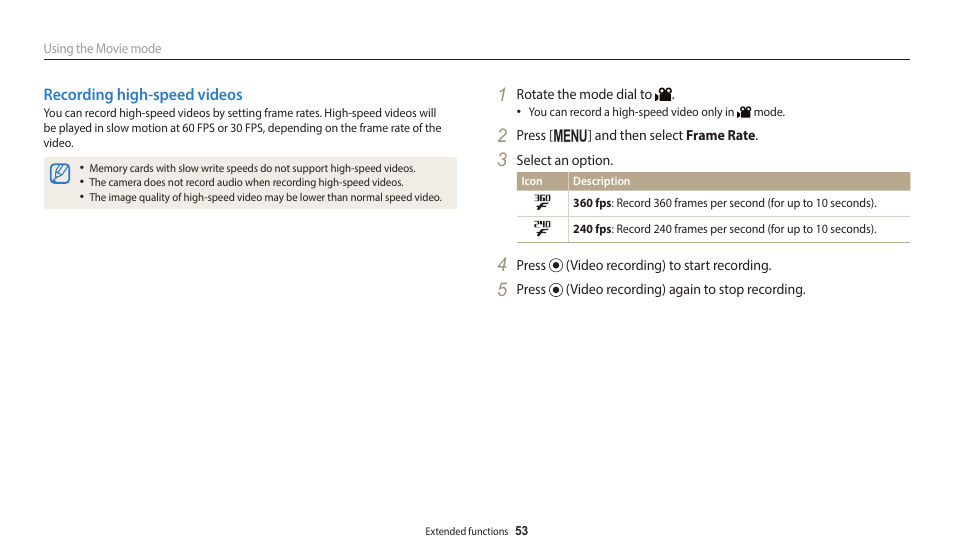 Recording high-speed videos | Samsung EC-WB2100BPRUS User Manual | Page 54 / 140