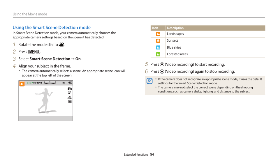 Using the smart scene detection mode | Samsung EC-WB2100BPRUS User Manual | Page 55 / 140