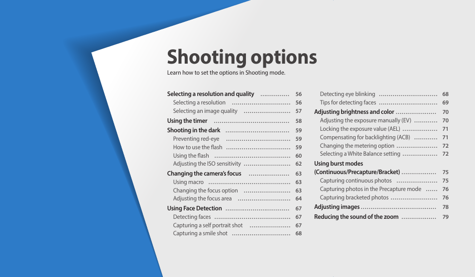 Shooting options, Learn how to set the options in shooting mode | Samsung EC-WB2100BPRUS User Manual | Page 56 / 140
