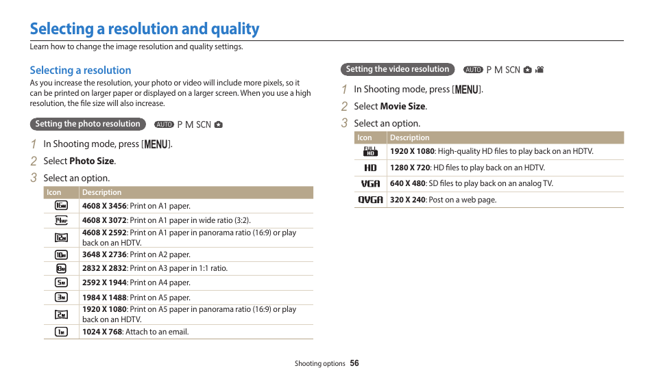 Selecting a resolution and quality, Selecting a resolution | Samsung EC-WB2100BPRUS User Manual | Page 57 / 140