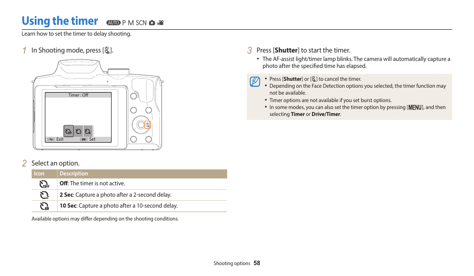 Using the timer | Samsung EC-WB2100BPRUS User Manual | Page 59 / 140