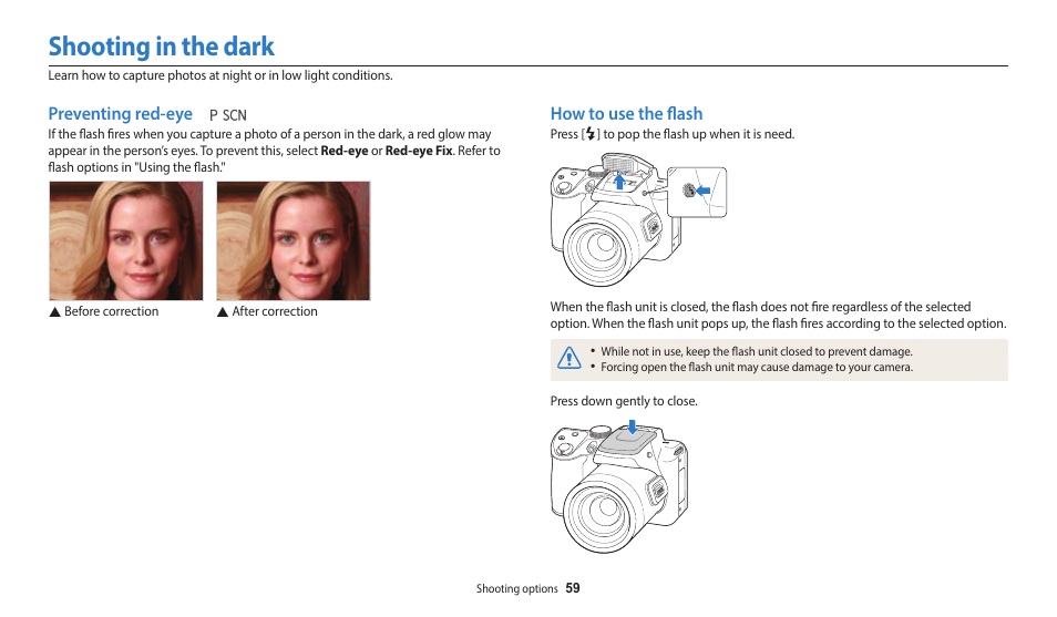 Shooting in the dark, Preventing red-eye, How to use the flash | Preventing red-eye how to use the flash | Samsung EC-WB2100BPRUS User Manual | Page 60 / 140