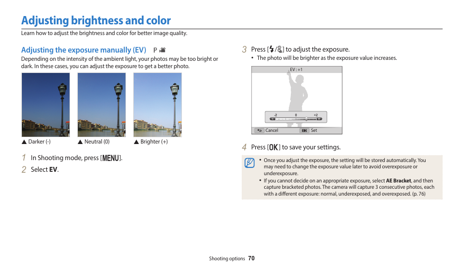 Adjusting brightness and color, Adjusting the exposure manually (ev) | Samsung EC-WB2100BPRUS User Manual | Page 71 / 140