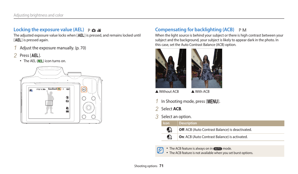 Locking the exposure value (ael), Compensating for backlighting (acb) | Samsung EC-WB2100BPRUS User Manual | Page 72 / 140