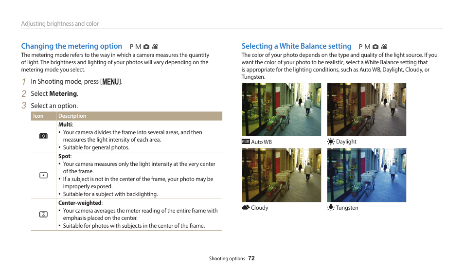 Changing the metering option, Selecting a white balance setting | Samsung EC-WB2100BPRUS User Manual | Page 73 / 140