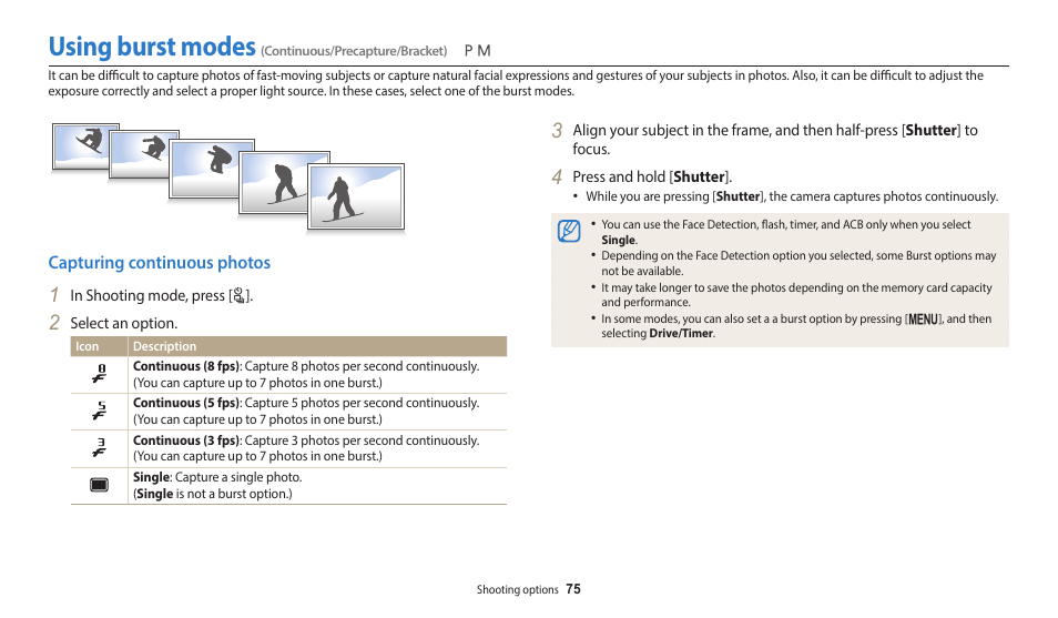 Using burst modes (continuous/precapture/bracket), Capturing continuous photos, Using burst modes | Samsung EC-WB2100BPRUS User Manual | Page 76 / 140