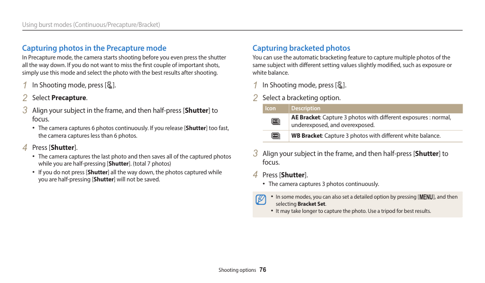 Capturing photos in the precapture mode, Capturing bracketed photos | Samsung EC-WB2100BPRUS User Manual | Page 77 / 140