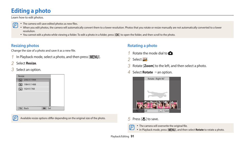 Editing a photo, Resizing photos, Rotating a photo | Resizing photos rotating a photo | Samsung EC-WB2100BPRUS User Manual | Page 92 / 140