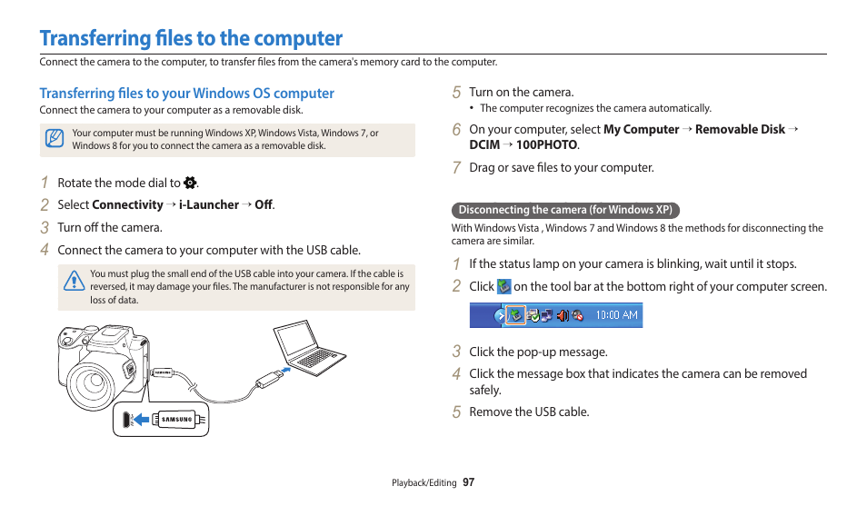 Transferring files to the computer, Transferring files to your windows os computer | Samsung EC-WB2100BPRUS User Manual | Page 98 / 140