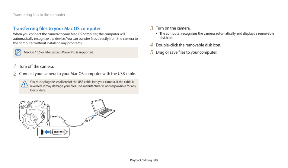 Transferring files to your mac os computer | Samsung EC-WB2100BPRUS User Manual | Page 99 / 140