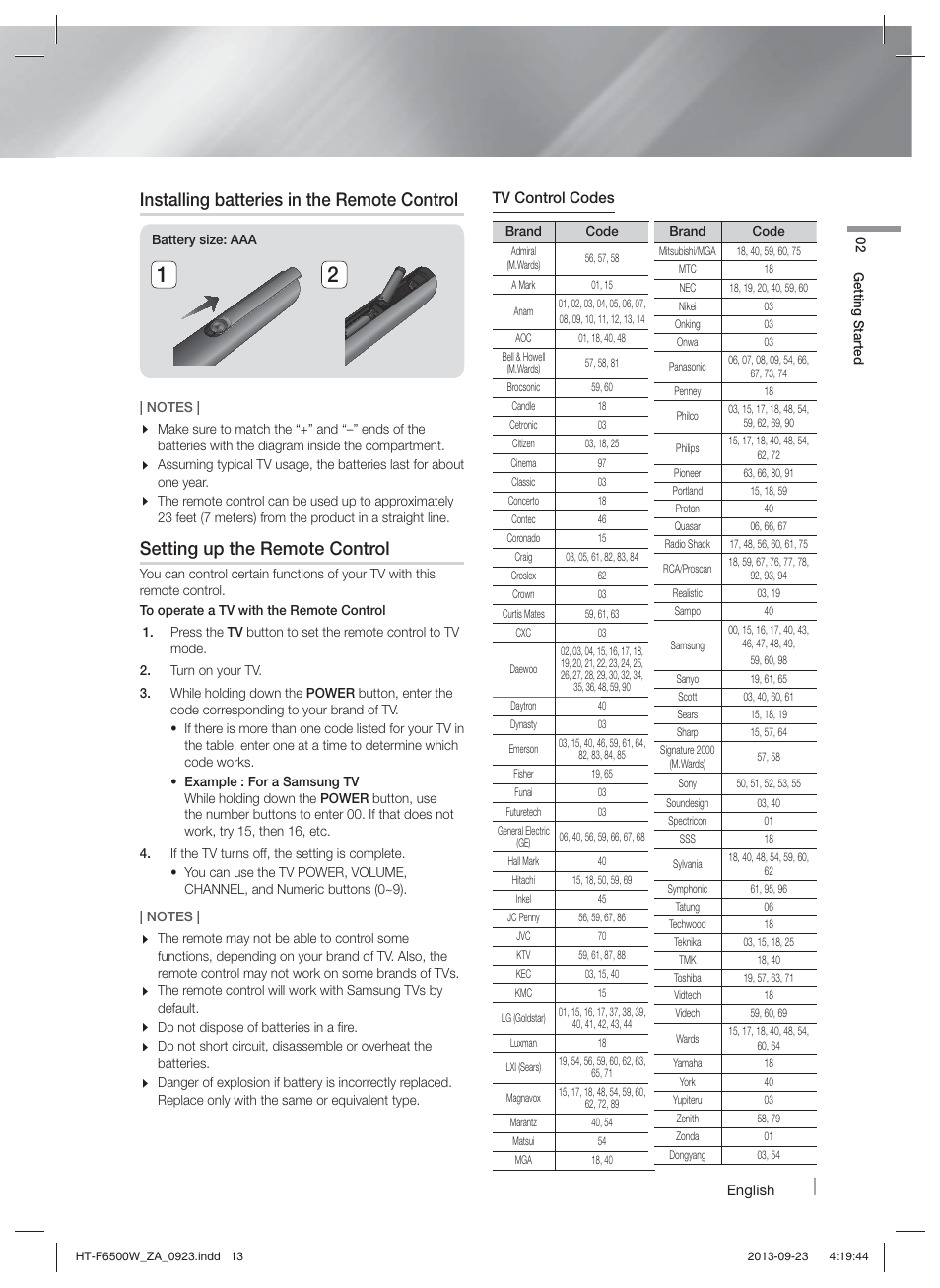 Connections, Connecting the speakers, Installing batteries in the remote control | Setting up the remote control | Samsung HT-F6500W-ZA User Manual | Page 13 / 58