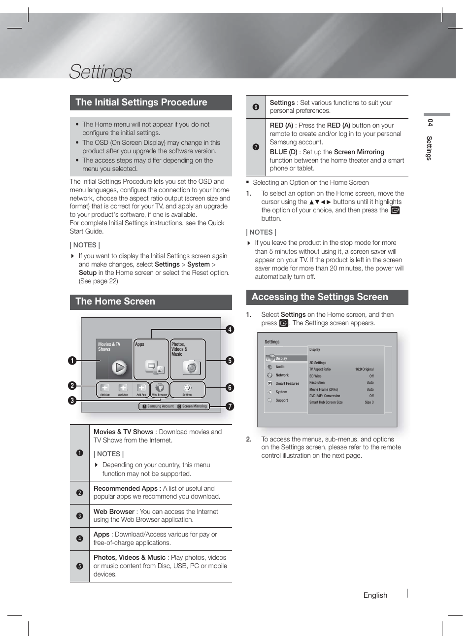 Settings, The initial settings procedure, The home screen | Accessing the settings screen, Settings menu functions | Samsung HT-F6500W-ZA User Manual | Page 19 / 58