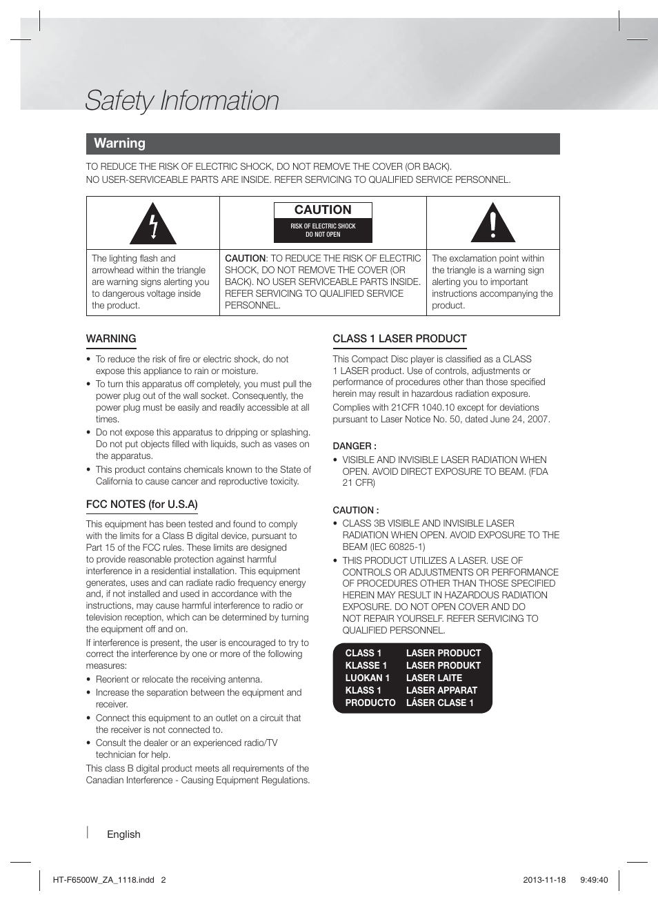 Safety information, Warning | Samsung HT-F6500W-ZA User Manual | Page 2 / 58