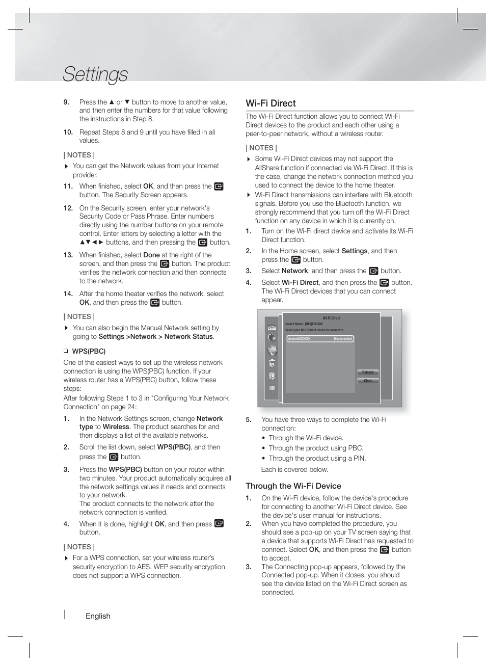 Settings, Wi-fi direct | Samsung HT-F6500W-ZA User Manual | Page 26 / 58
