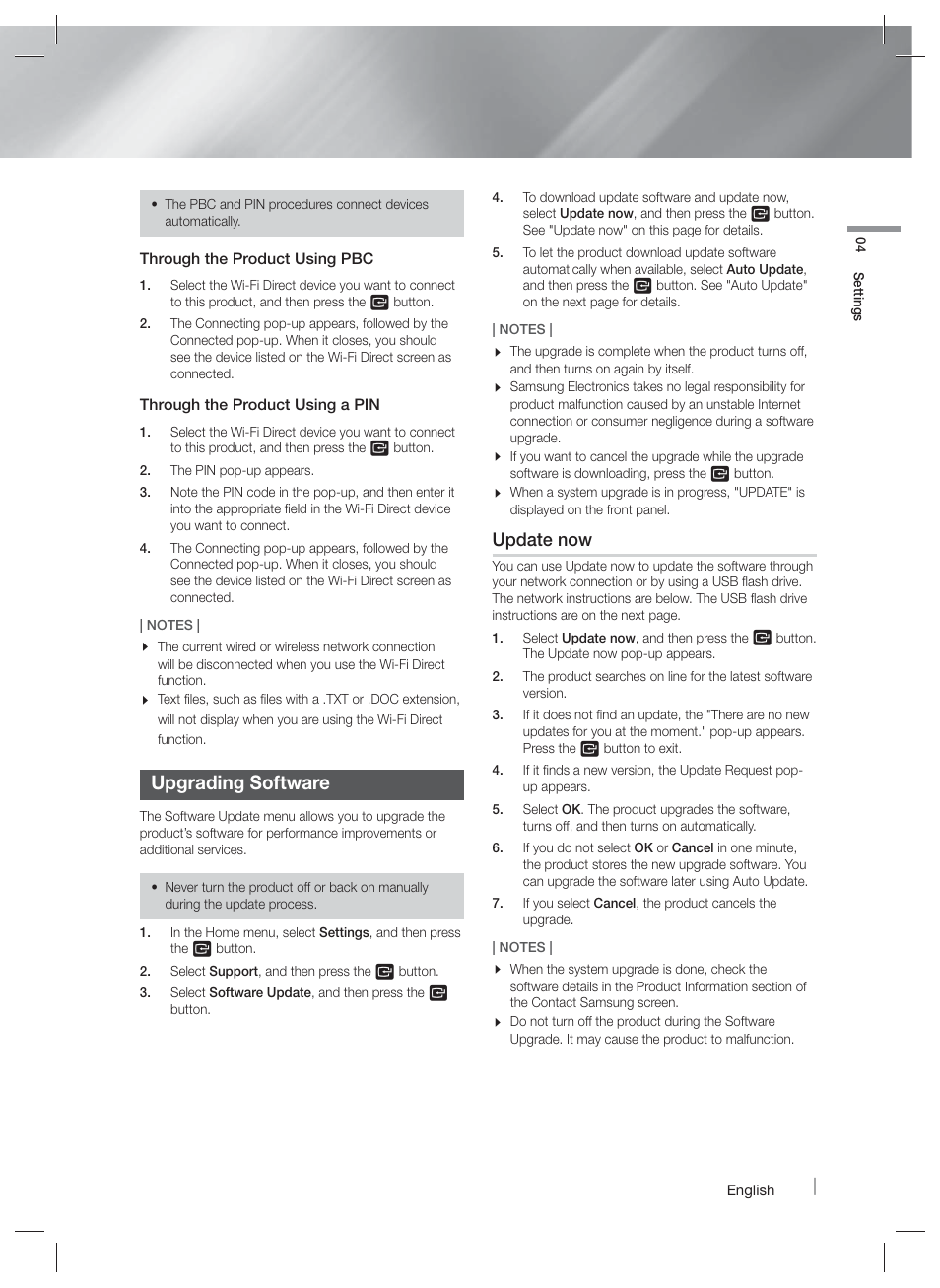 Upgrading software, Update now | Samsung HT-F6500W-ZA User Manual | Page 27 / 58