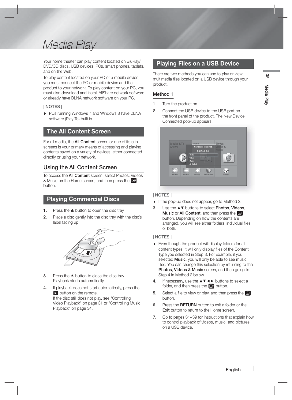 Media play, The all content screen, Playing commercial discs | Playing files on a usb device, Playing a disc with user recordedcontent, Using the allshare network function, Using the all content screen | Samsung HT-F6500W-ZA User Manual | Page 29 / 58