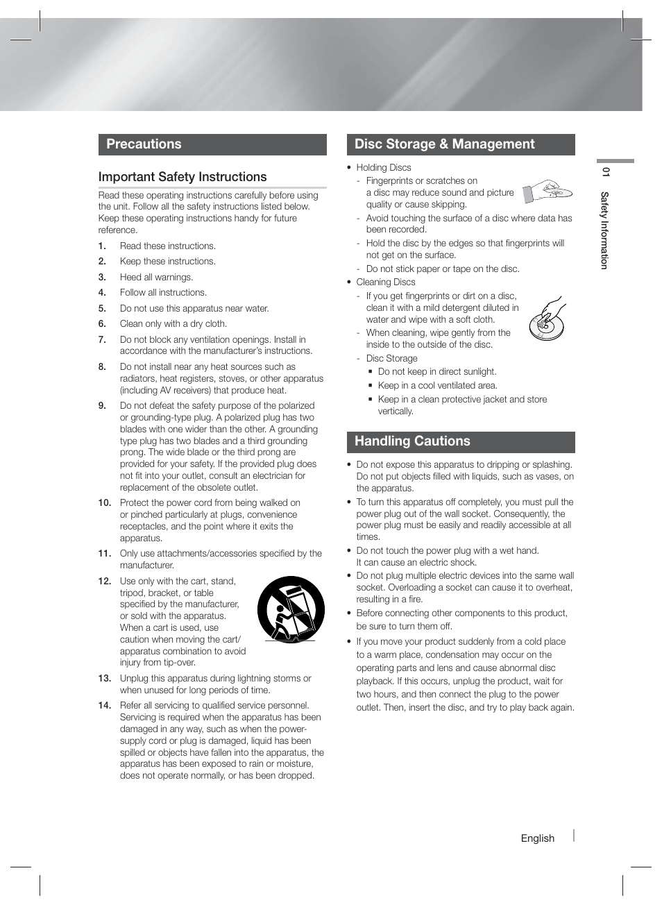 Precautions, Disc storage & management, Handling cautions | License, Using the 3d function, Important safety instructions | Samsung HT-F6500W-ZA User Manual | Page 3 / 58