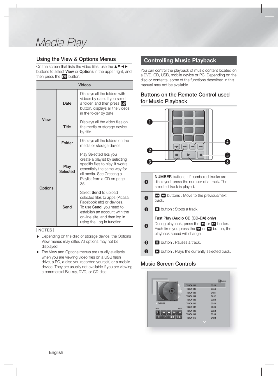 Media play, Controlling music playback, Using the view & options menus | Music screen controls | Samsung HT-F6500W-ZA User Manual | Page 34 / 58