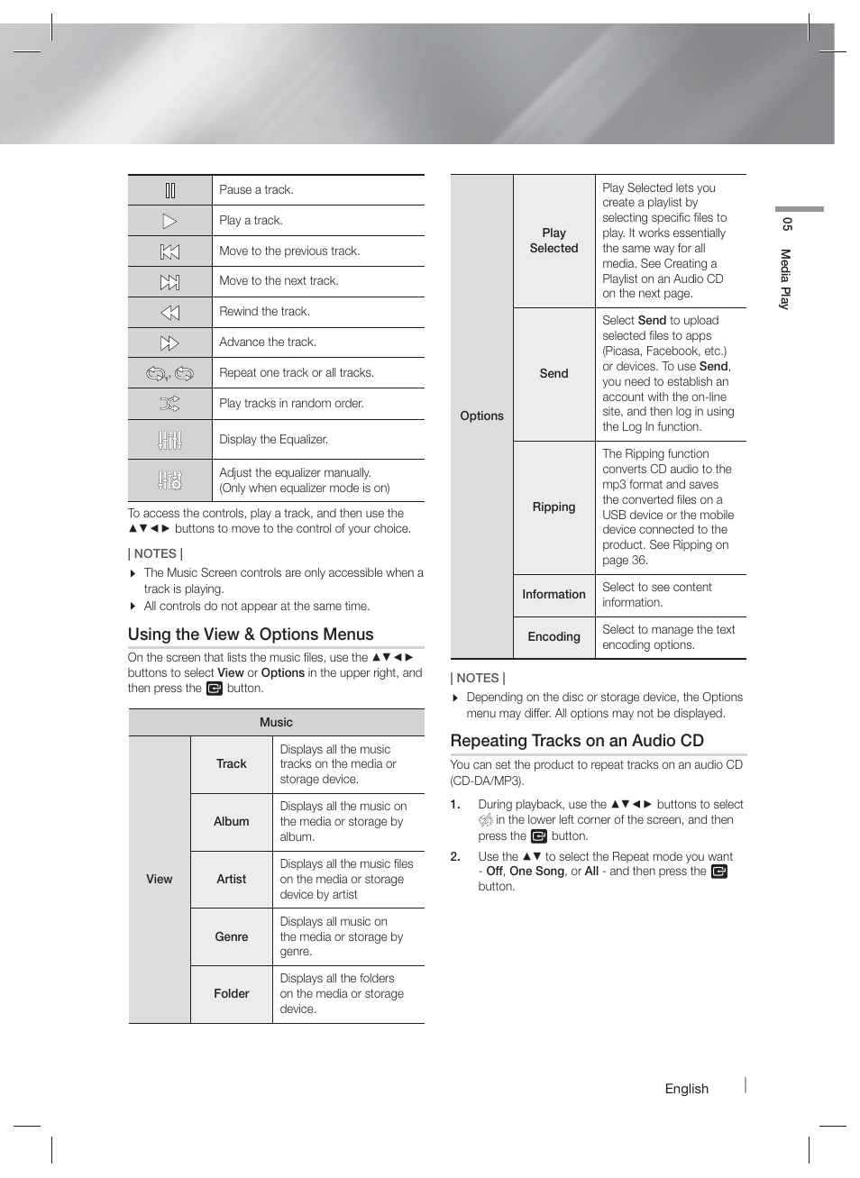 Using the view & options menus, Repeating tracks on an audio cd | Samsung HT-F6500W-ZA User Manual | Page 35 / 58