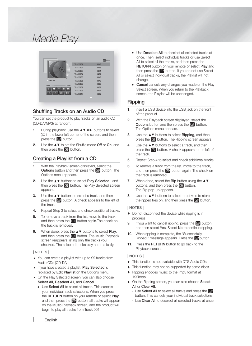 Media play, Shuffling tracks on an audio cd, Creating a playlist from a cd | Ripping | Samsung HT-F6500W-ZA User Manual | Page 36 / 58