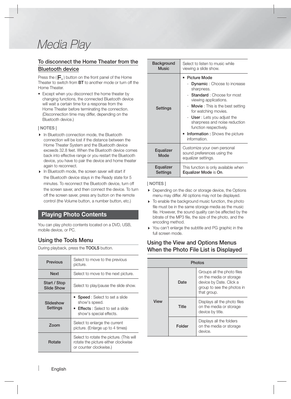Media play, Playing photo contents, Using the tools menu | Samsung HT-F6500W-ZA User Manual | Page 38 / 58
