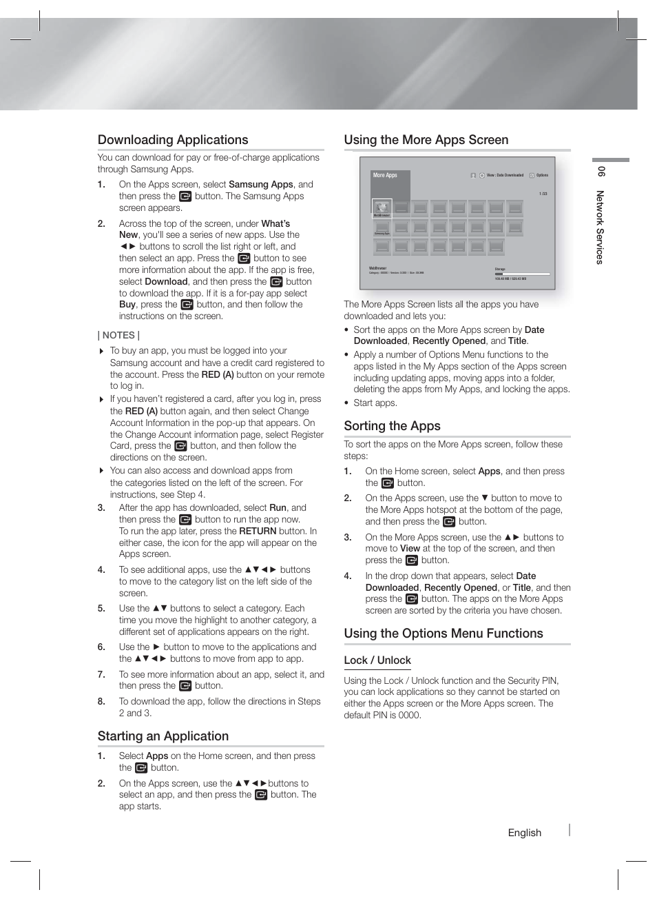 Downloading applications, Starting an application, Using the more apps screen | Sorting the apps, Using the options menu functions | Samsung HT-F6500W-ZA User Manual | Page 43 / 58