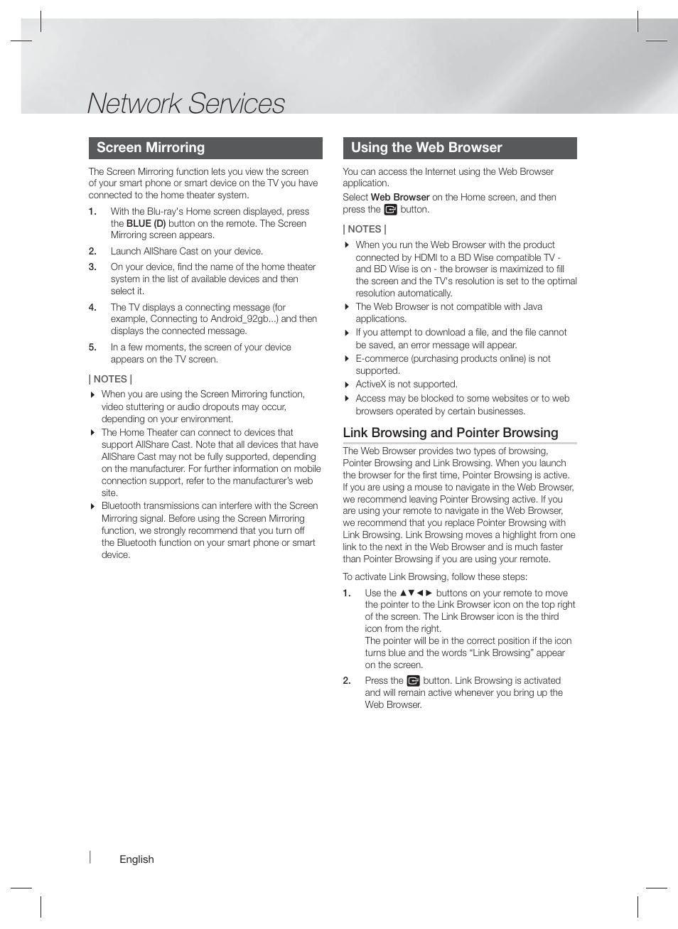 Network services, Screen mirroring, Using the web browser | Samsung HT-F6500W-ZA User Manual | Page 46 / 58