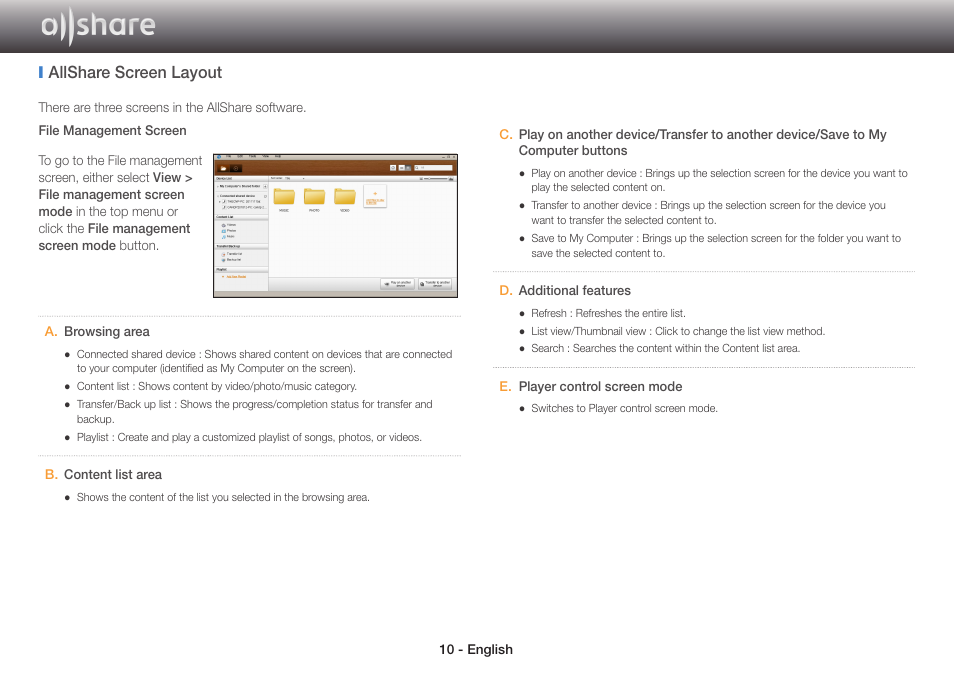 Allshare screen layout | Samsung BD-EM59-ZA User Manual | Page 10 / 17