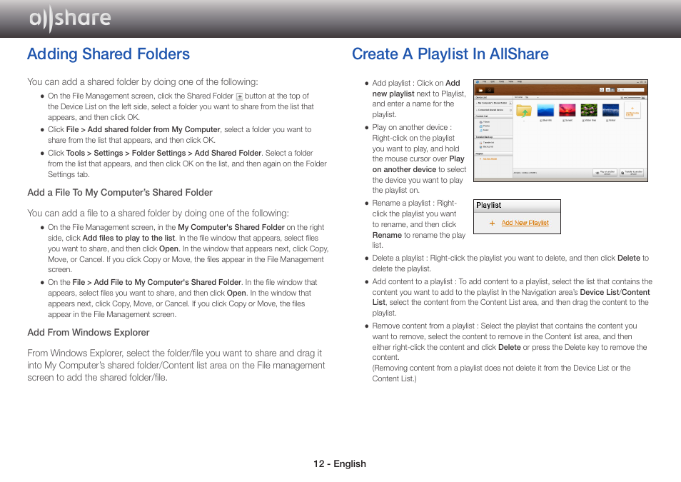 Adding shared folders, Create a playlist in allshare | Samsung BD-EM59-ZA User Manual | Page 12 / 17
